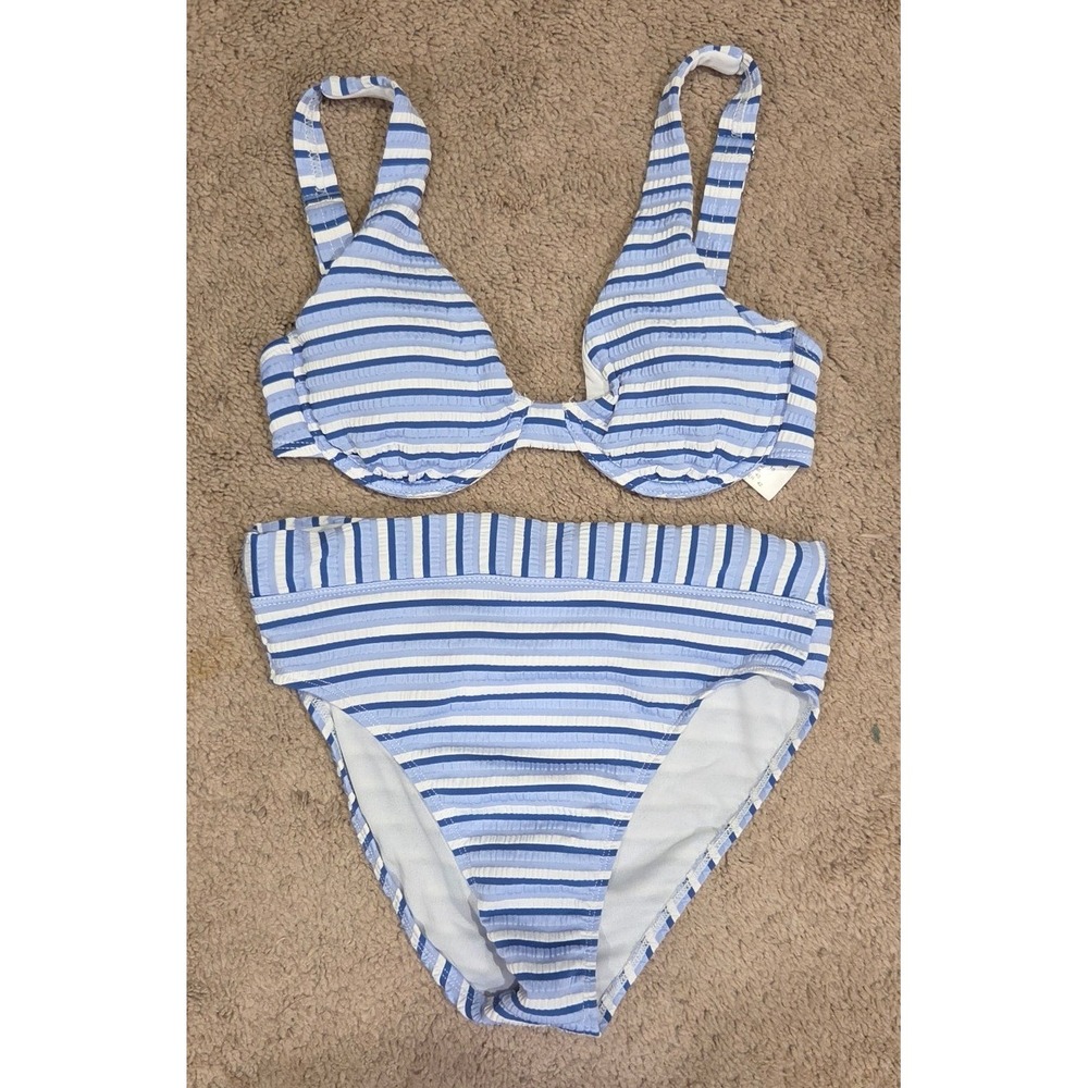 Splendid Bikini Set Womens S Blue White Stripe Underwire High Waist Swimsuit